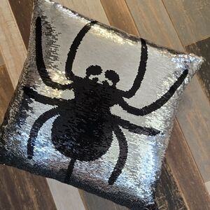 Reversible Sequin Spider & Bat Pillow - Black and Silver